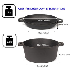 26cm 2-in-1 Cast Iron Dutch Oven & Skillet Set – Pre-Seasoned, Dual-Use Pot with Fry Pan Lid