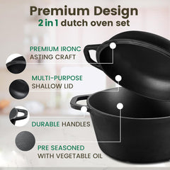 26cm 2-in-1 Cast Iron Dutch Oven & Skillet Set – Pre-Seasoned, Dual-Use Pot with Fry Pan Lid