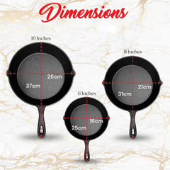 Cast Iron Skillet Cookware 3-Piece Set Frying pan Grill Pan 10" 8" 6" Pans