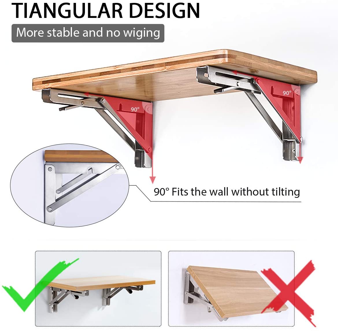 2PCS 8inch Steel Wall Mounted Folding Triangle Angle Shelf Support Bracket Rack