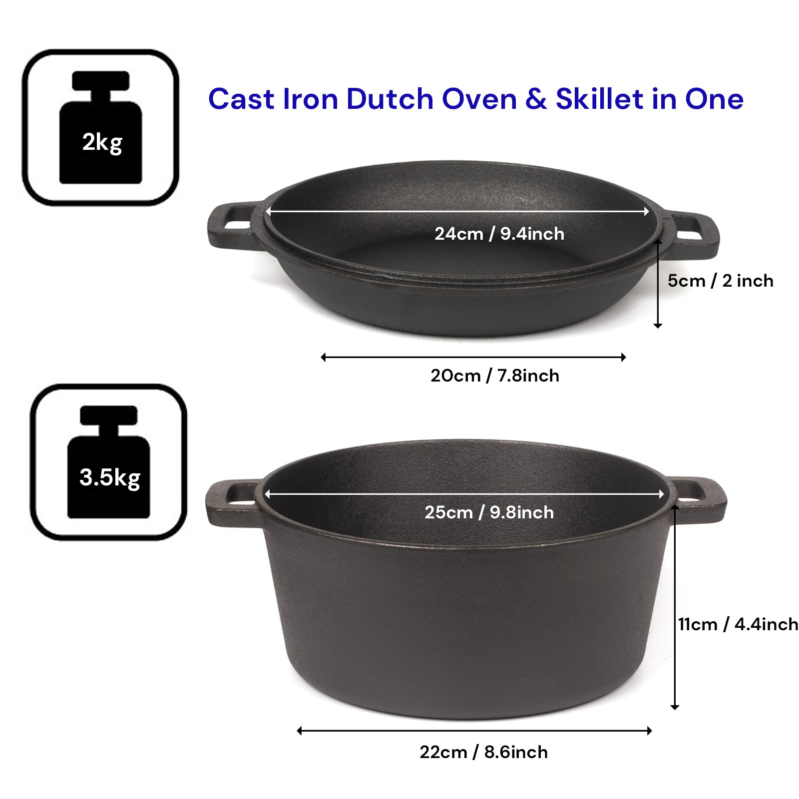 26cm 2-in-1 Cast Iron Dutch Oven & Skillet Set – Pre-Seasoned, Dual-Use Pot with Fry Pan Lid