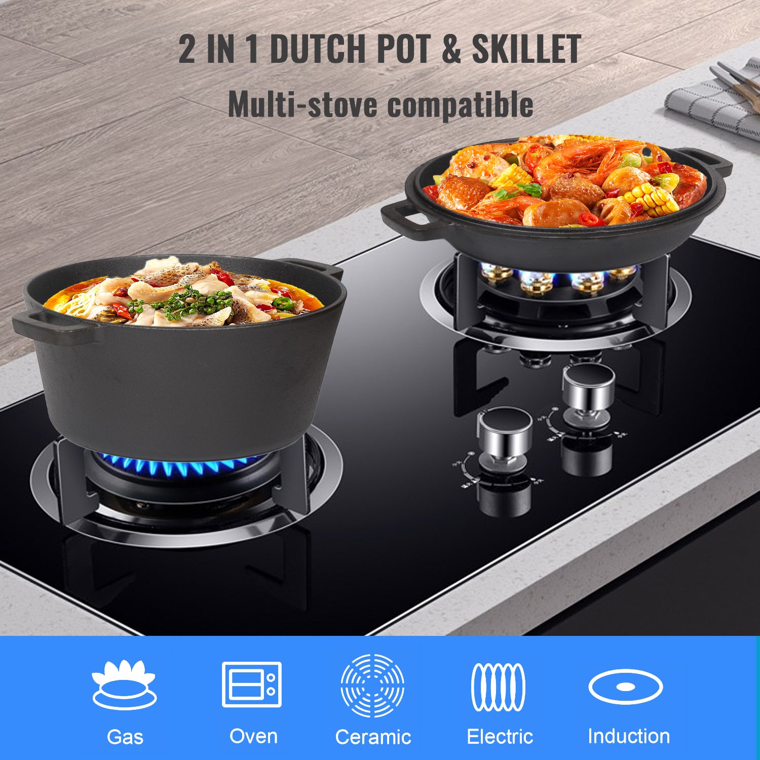 26cm 2-in-1 Cast Iron Dutch Oven & Skillet Set – Pre-Seasoned, Dual-Use Pot with Fry Pan Lid