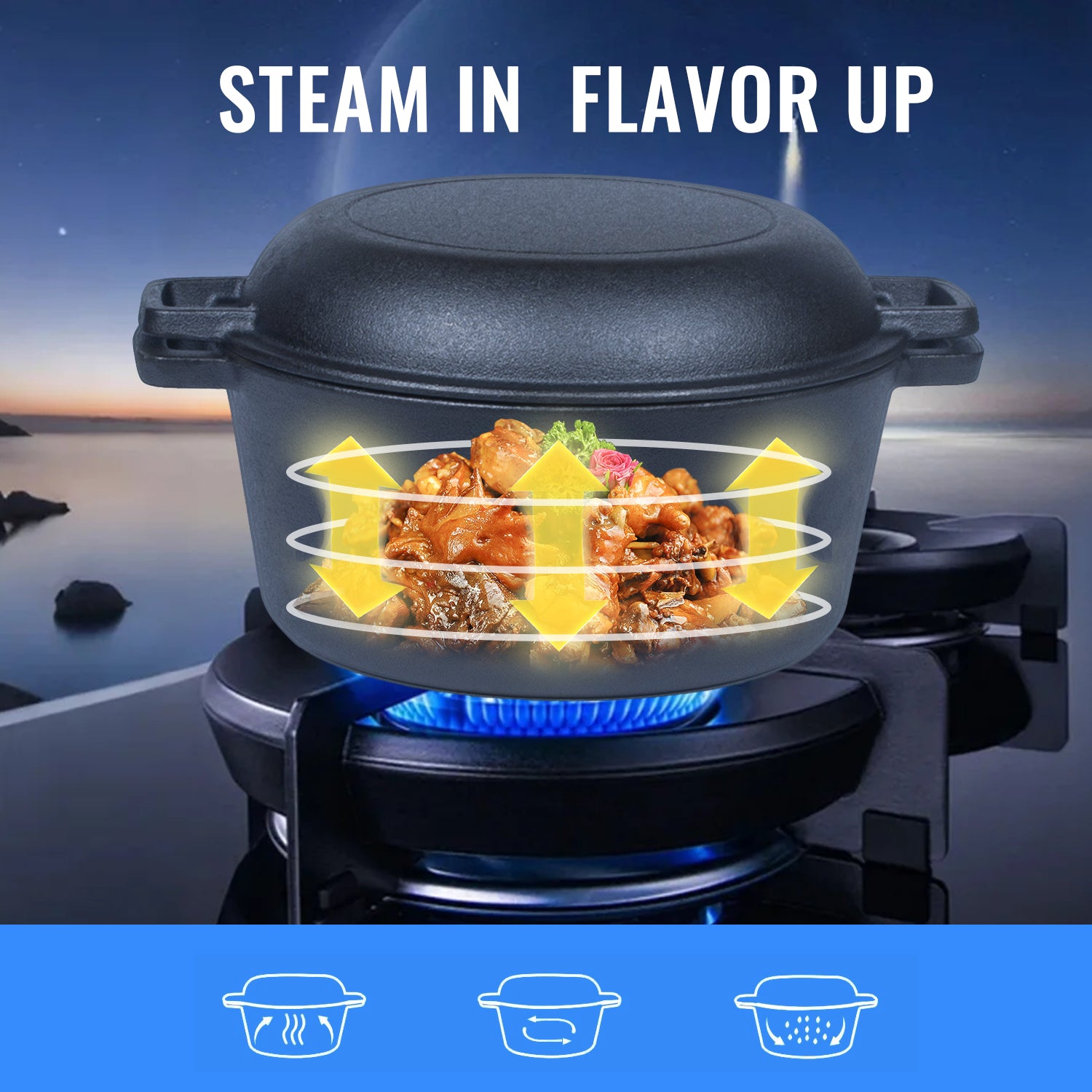 26cm 2-in-1 Cast Iron Dutch Oven & Skillet Set – Pre-Seasoned, Dual-Use Pot with Fry Pan Lid