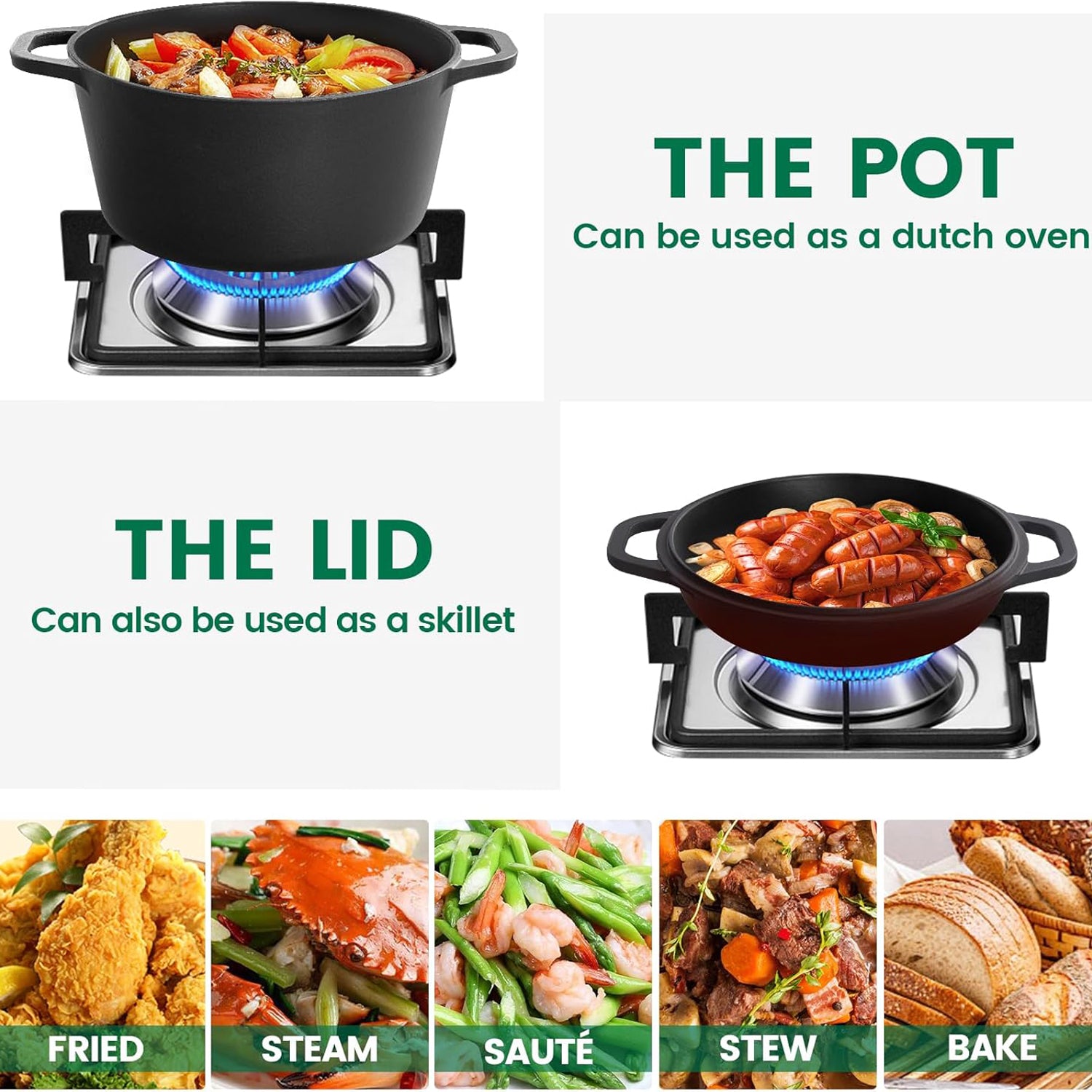 26cm 2-in-1 Cast Iron Dutch Oven & Skillet Set – Pre-Seasoned, Dual-Use Pot with Fry Pan Lid