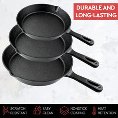 Cast Iron Skillet Cookware 3-Piece Set Frying pan Grill Pan 10" 8" 6" Pans