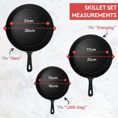 Cast Iron Skillet Cookware 3-Piece Set Frying pan Grill Pan 10" 8" 6" Pans