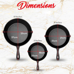 Cast Iron Skillet Cookware 3-Piece Set Frying pan Grill Pan 10" 8" 6" Pans
