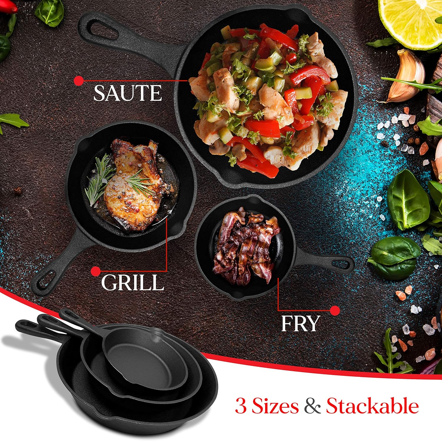 Cast Iron Skillet Cookware 3-Piece Set Frying pan Grill Pan 10" 8" 6" Pans